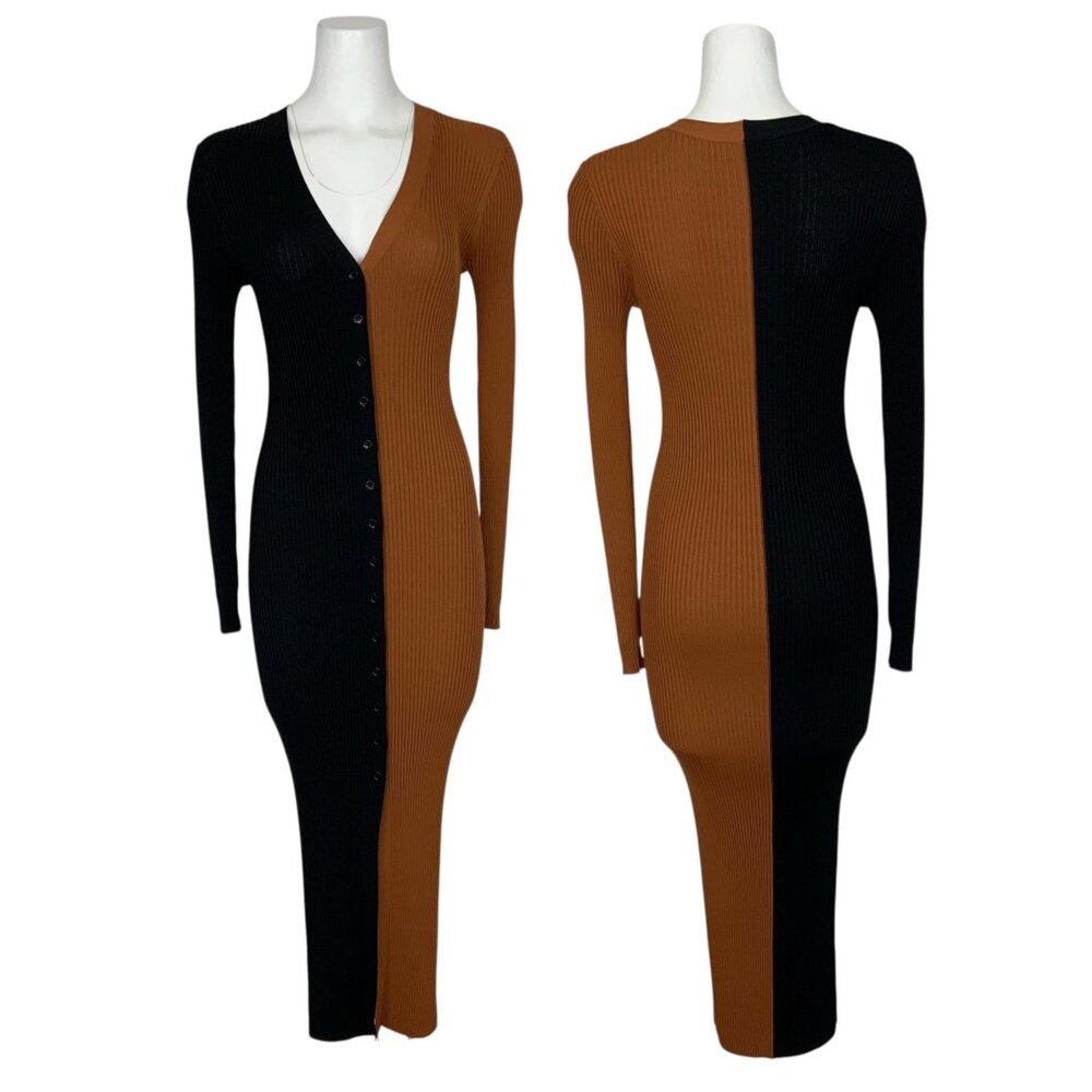 Staud Shoko Colorblocked Midi-Dress S Tan Black